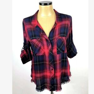 Cloth and stone frayed plaid red shirt L NWT